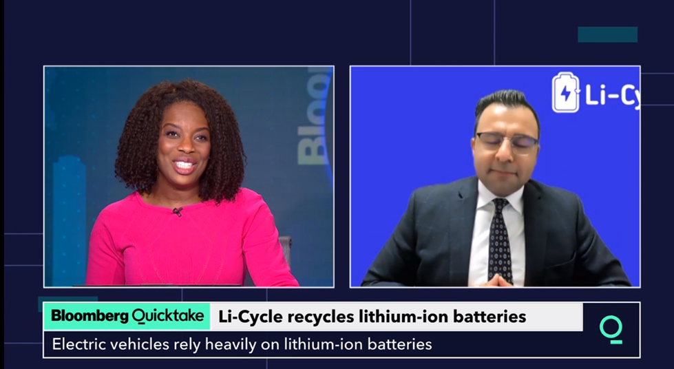 Screencapture of Ajay Kochhar, CEO and co-founder, Li-Cycle speaking on Bloomberg Quicktake segment entitled 