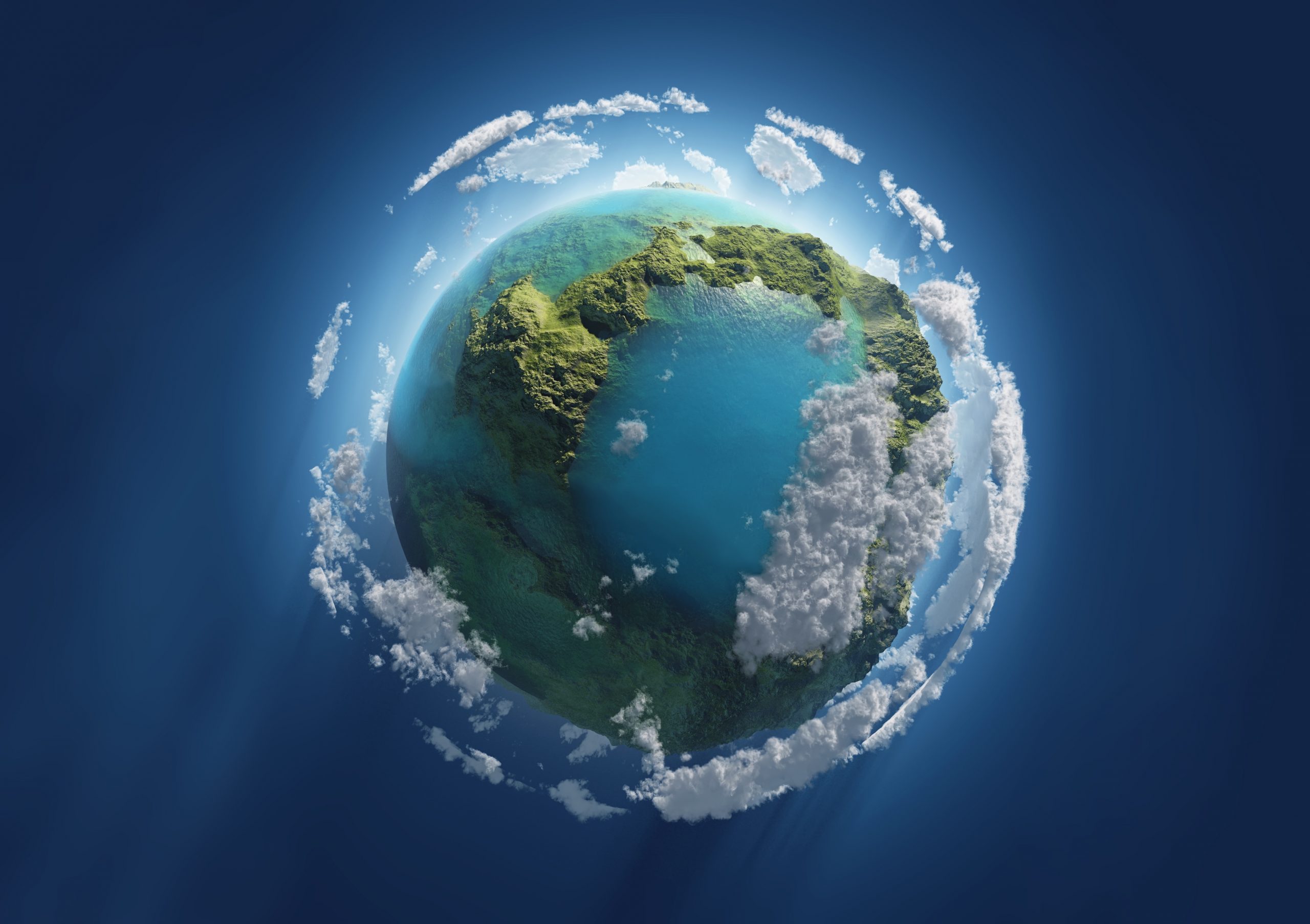 3D rendering of Earth surrounded by clouds.
