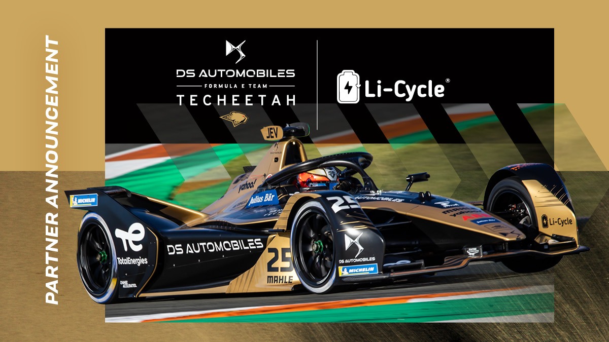 Partner announcement between DS Techeetah and Li-Cycle. Features an electric racecar.
