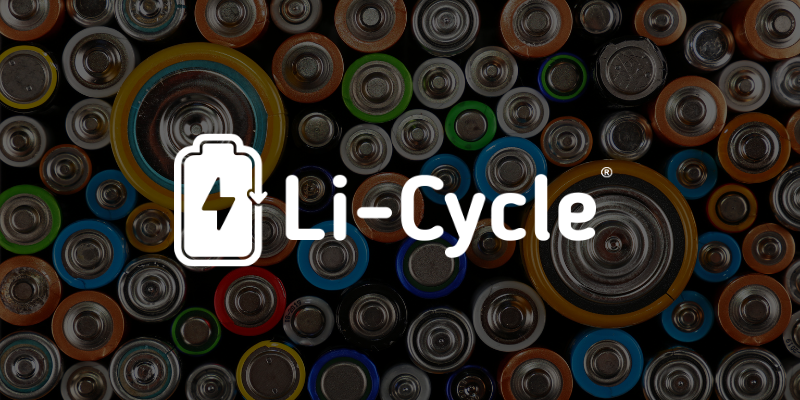 White Li-Cycle logo with batteries in background