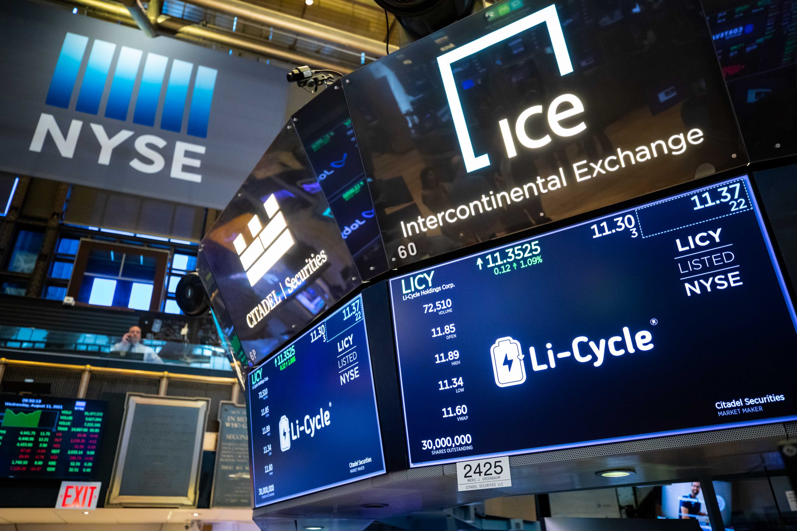 Li-Cycle logo on New York Stock Exchange screens