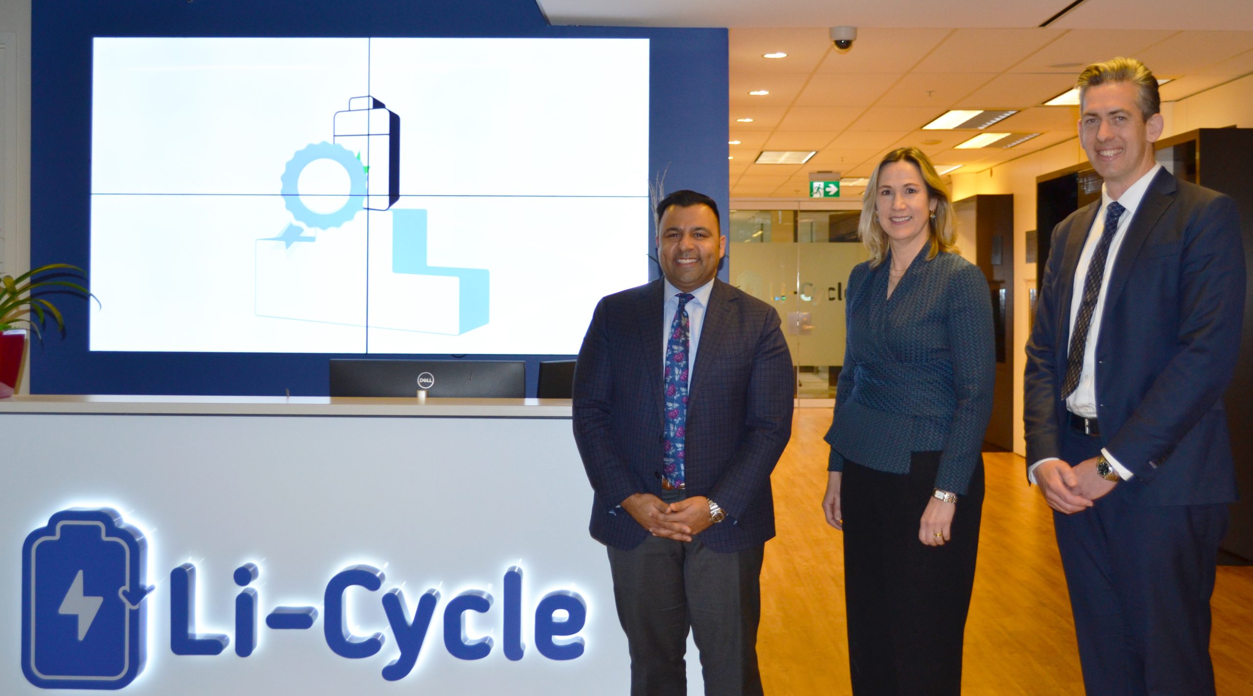Ajay Kochhar, CEO and co-founder of Li-Cycle, Ambassador Kirsten Hillman and Tim Johnston, Li-Cycle Executive Chairman and co-founder at Li-Cycle's Toronto office.