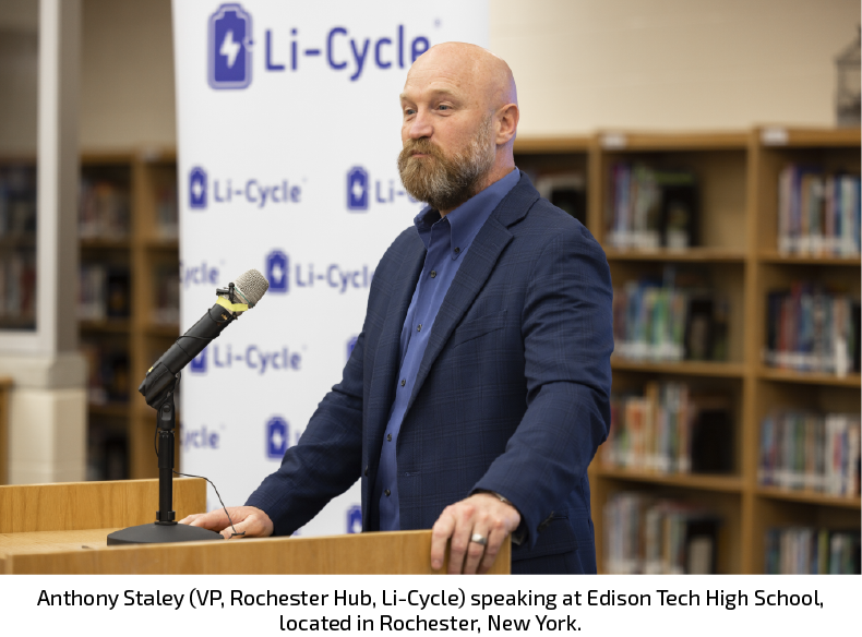 Anthony Staley (VP, Rochester Hub, Li-Cycle) speaking at Edison Tech High School, located in Rochester, New York.