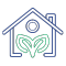 Graphic of a blue house with a green plant in front